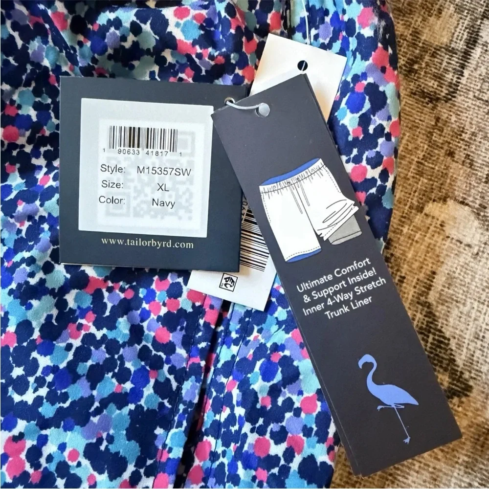 TailorByrd Navy Multicolor Print Swim Trunks XL NWT 4-Way Stretch Liner